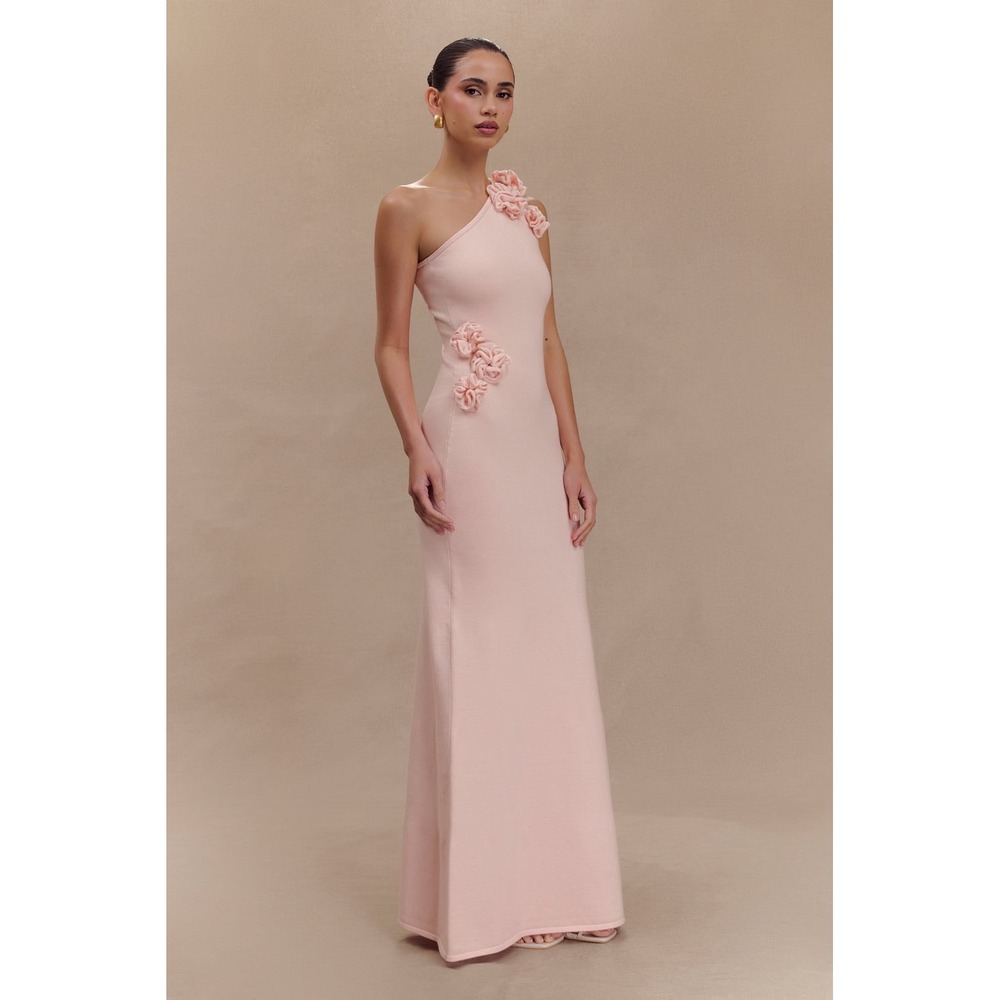 MESHKI Paloma Baby Pink 3D Floral One Shoulder Knit Maxi Dress Size S